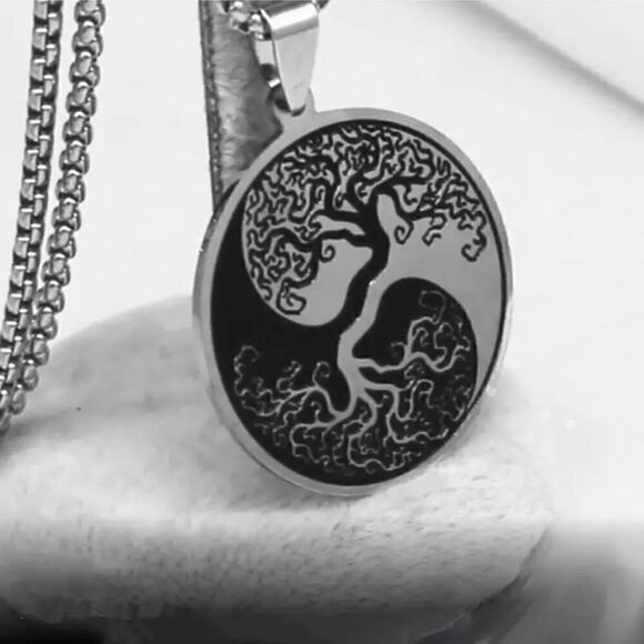 Stainless Steel Black And White Tree Of Life Round Pendant Necklace - Picture 4 of 6